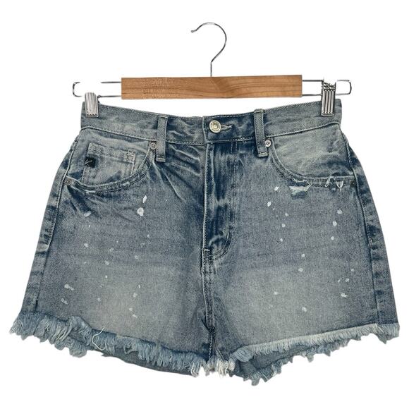 KanCan Denim Shorts Womens 3 25 High Rise Distressed Raw Hem Splatter Boho Beach - Picture 1 of 12